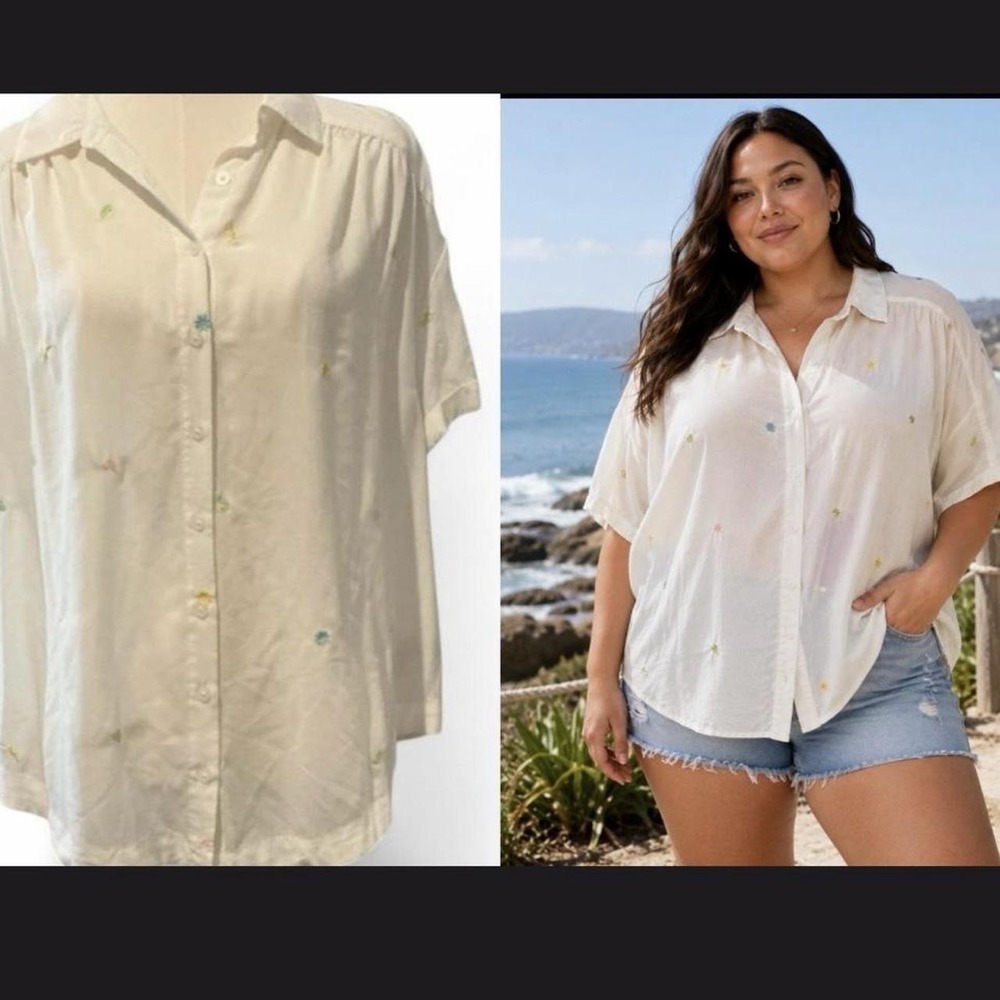 Torrid Blouse Women 1 White Excellent Embroidered Floral Short Sleeve Button‎ Up